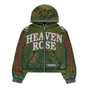 Sudadera con capucha con cremallera personalizada OEM con pedrería, estilo oversize, lavado ácido, estampado de grafiti y llamas, ropa urbana al por mayor, estilo punk Y2K - Product Image 1