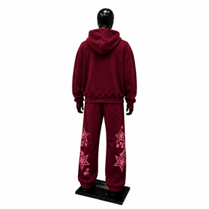Conjunto Deportivo Color Granate con Sudadera con Capucha con Estampado de Estrellas Rosas y Pantalones con Cordón, Estilo Casual, Holgado, para Otoño - Product Image 2