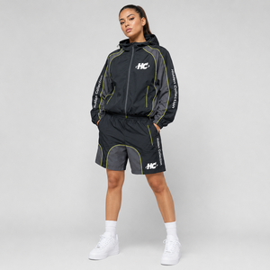 Hc Collection Unisex Hooded <b>Windbreaker</b> Jacket Matching Shorts Set <b>Black</b> Yellow Polyester Sporty Quick Dry Spring Wear - Product Image 4