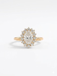 Bague de fiançailles élégante en or jaune 14 carats, style vintage, avec halo de diamants ovales, bijou de mariage, bague de promesse pour femme - Product Image 1