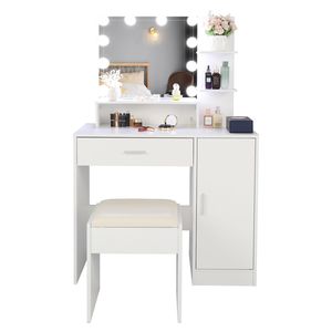 FCH Grand ensemble coiffeuse avec 10 ampoules LED, tabouret rembourré, 3 étagères de rangement, 1 tiroir, 1 armoire - Product Image 6