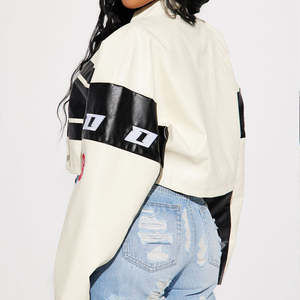 Chaqueta de Motociclista Corta de Cuero Genuino de Alta Calidad para Mujer, con Cuello Alto y Bordado de Parches Estilo Urbano - Product Image 4