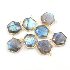 Natural Gemstone Christian Sterling <b>Silver</b> Hexagon Shape Labradorite Charms Connectors 18x18MM 18K Gold Plated Wholesale Jewelry - Product Image 3