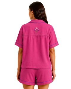 Customized Fuchsia Pink Women Pajama Set Short Sleeve Button <b>Down</b> Nightwear Soft Breathable Summer Sleepwear Casual Lounge Set - Product Image 2