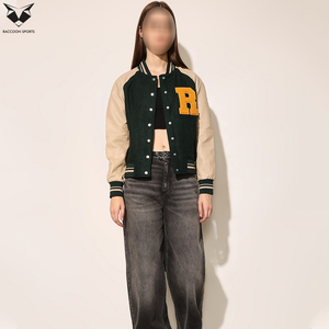 New Arrival Comfortable Women Varsity <b>Jacket</b> Green Beige Full Sleeve Turn Down Collar Button Closure Letter R Embroidery Design - Product Image 5