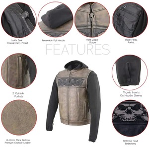 Men Genuine Leather Motorcycle <b>Jacket</b> Hooded Zipper Closure Skull Embroidery <b>Fleece</b> <b>Lining</b> Distress Finish Autumn Riding - Product Image 1