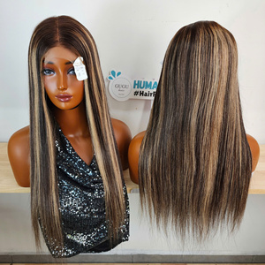 Wholesale Price Bone Straight 5x5 Closure Transparent <b>Lace</b> <b>Wig</b> in Highlight Double Drawn Virgin Hair Vietnam Medium Cap <b>Wigs</b> - Product Image 1