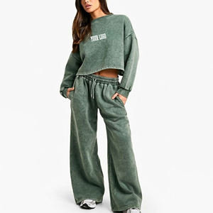 Wholesale Women's 2 Piece Fleece Tracksuit <b>Set</b> Crew Neck Cropped <b>Sweater</b> Wide Leg Joggers Solid Green Casual Loose Fit All - Product Image 1