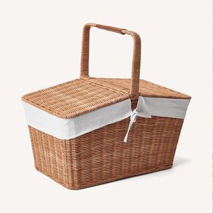 Wholesale Rectangular <b>Wicker</b> Picnic <b>Basket</b> Box Shaped Handwoven Rattan <b>Storage</b> Hamper Natural Linen Lining Outdoor Food Carrier - Product Image 2