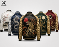 Veste universitaire en satin pour homme X Sports City, broderie dragon, tigre, fleur de cerisier, style japonais, col rabattu, fermeture avant