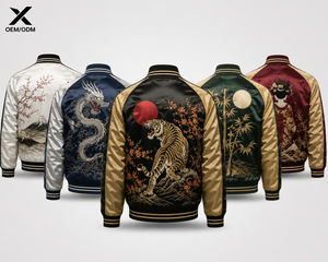 X Sports City Men's Satin Souvenir Varsity <b>Jacket</b> Embroidered Dragon Tiger Cherry Blossom Japanese Style Turn-Down Collar Zipper - Product Image 2