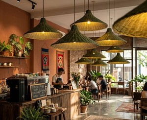 โคมไฟหวายสานมือทรงกรวยสไตล์โบโฮ  ฝาครอบโคมไฟเพดานหวายธรรมชาติ สำหรับร้านกาแฟ ตกแต่งบ้าน - Product Image 5