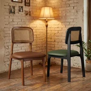 Chaise de restaurant moderne à dossier plein, revêtement en cuir, détails en velours, structure en bois massif pour hôtel, café, maison, cuisine - Product Image 5