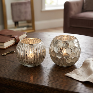 Porte-bougie à la bougie tealight en verre mercure antique |   Votive en argent personnalisé |   Décoration de la maison, Noël, mariage, décoration de table festive. - Product Image 1