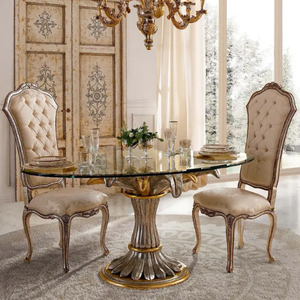 Juego de Comedor Redondo de Madera de Caoba de Estilo Europeo Antiguo de Lujo con Cubierta de Vidrio, Muebles de Comedor de Lujo para Interiores de Villas y Hoteles - Product Image 1