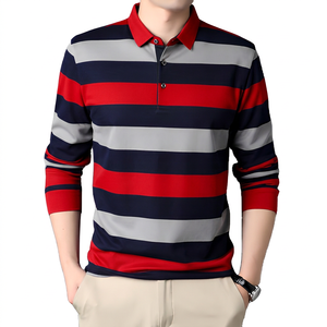 Polo de Punto a Rayas de Manga Larga para Hombre, Diseño Casual con Botones al Frente, Rosa, Azul Marino, Gris - Product Image 4