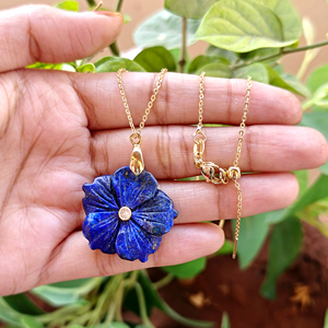 Beautiful jewelry flower hand carved lapis lazuli with tiny zircon inlaid pendant <b>necklace</b> 18k gold plated <b>statement</b> <b>necklace</b> - Product Image 4