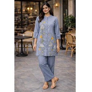 ชุดเซ็ตผู้หญิงคุณภาพสูง สีน้ำเงิน ผ้าฝ้ายแท้ สไตล์สาวออฟฟิศ แขนสั้น ราคาประหยัด สำหรับลูกค้าทั่วไป - Product Image 1