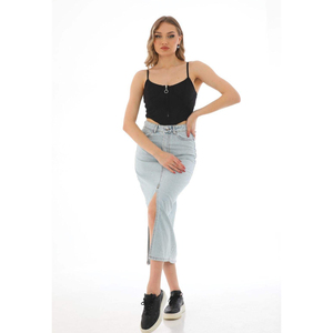 Jupe décontractée droite en jean grande taille, longueur genou, avec boutons sur le devant et fente à l'ourlet, lavable en machine, taille naturelle - Product Image 3