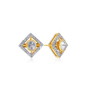 14K Yellow Gold Moonstone Diamond Halo Stud Earrings Oval Cabochon Center Lab Grown Diamond Geometric Design for Women - Product Image 2