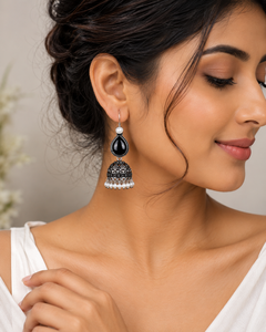 Black Onyx Pearl Oxidized Jhumka <b>Earrings</b> | Vintage Teardrop Bell <b>Earrings</b> for Women - Product Image 2