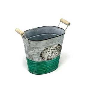 Cubo de Metal Galvanizado Rústico con Asas de Madera, Base Verde, para Plantas de Jardín, Uso en Exteriores - Product Image 1