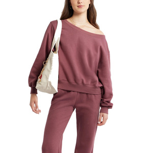 Women's Oversized Solid Color Drop-Shoulder Sweatshirt Full Sleeve O-Neck Knitted Cotton Bamboo Fiber Autumn Wear - Product Image 1