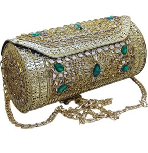 Sac de rangement de luxe, pochette indienne en pierre Kundan, sac de mariée ethnique plaqué or avec embellissements colorés, sac de soirée - Product Image 3