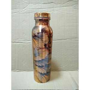 Bouteille d'eau en cuivre pur 1000 ml, anti-fuite, bienfaits ayurvédiques, récipient en cuivre imprimé, finition laquée, gourde de yoga et de fitness - Product Image 1