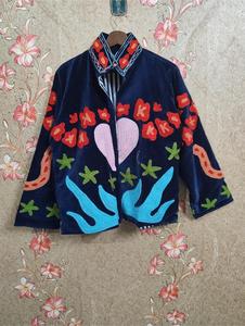 <b>Women</b> Navy Blu <b>Velvet</b> Floral Embroidered <b>Jacket</b> with Heart & Floral Pattern Full Sleeve Stand Collar Handmade Boho Autumn Coat - Product Image 1