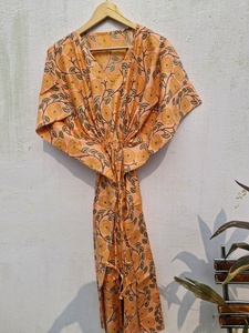 Women Orange Floral <b>Kaftan</b> Summer Dress Cotton Boho <b>Maxi</b> Midi Beach Dress Loose Fit Resort Wear Holiday Casual Dress - Product Image 3