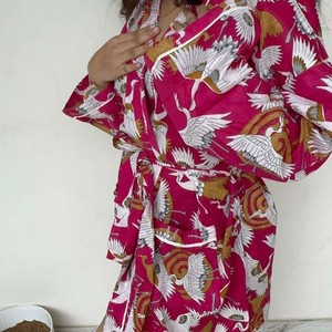Bata Larga Estampada para Mujer, Estilo Boho, de Algodón Puro, Kimono de Verano, Estampado a Mano, Estilo Indio, para Playa, Cómoda - Product Image 3