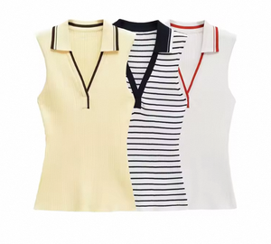 Chaleco de punto acanalado para mujer, estilo polo, vintage, a rayas, sin mangas, top casual, elegante, a la moda, camiseta sin mangas de verano - Product Image 1