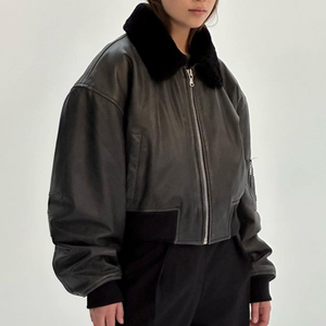Blouson Bomber en Cuir Véritable pour Femme avec Bordure en Fourrure, Fermeture Éclair, Manches Longues, Vêtement d'Hiver Couleur Unie, Coupe Épaisse - Product Image 3