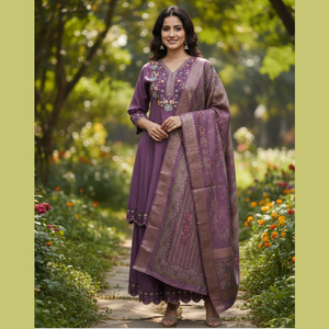 Hermoso Conjunto de Kurti Morado para Mujer, Manga 3/4, Algodón y Seda, Completamente Cosido, para Ocasiones Formales y Festivas - Product Image 1