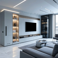 Système de meuble TV architectural sur mesure KEJIA avec panneaux muraux cannelés intégrés et hub de rangement suspendu pour projets modernes