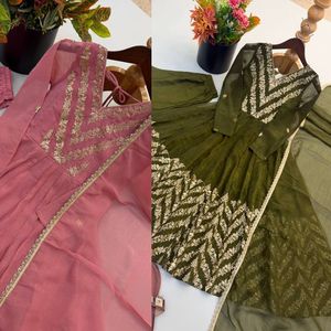 Women Pure Roman Cotton Embroidered Gown <b>Pant</b> Set with Soft Organza Dupatta | <b>Sequin</b> Thread Work Designer Ethnic Wear | Party We - Product Image 5