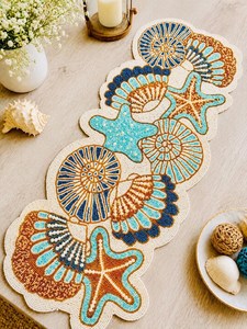 Chemin de table bohème fait main en tissu, forme irrégulière, avec perles et motifs marins, tapis et dessous de plat - Product Image 5
