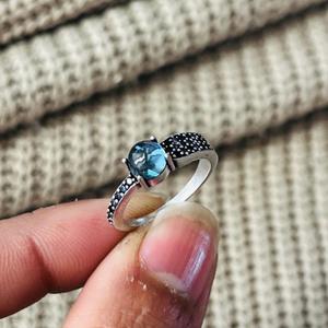 Blue Topaz <b>Solitaire</b> Brass <b>Ring</b> Oxidized <b>Silver</b> Plated Boho Halo Gemstone Womens Wholesale <b>Ring</b> - Product Image 4