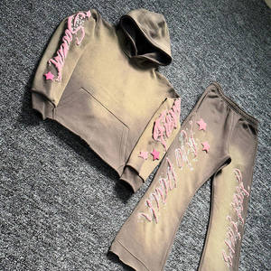 ชุดวอร์มลำลองสไตล์ Y2K สำหรับผู้ชาย เสื้อฮู้ดผ้าฝ้าย 100% สีชมพู แต่งตัวอักษรกลิตเตอร์ลายดาว กางเกงขายาวทรงหลวม ใส่ได้ในฤดูหนาว - Product Image 4