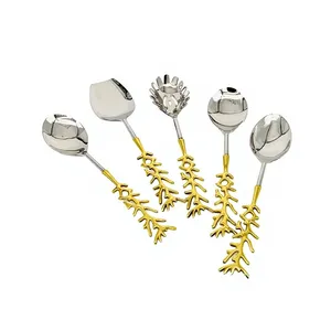 Ensemble de fourchettes et cuillères à salade Golden Branch Design, en acier inoxydable poli miroir, style vintage, pour la vaisselle de mariage - Product Image 1