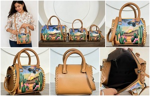 Bolso Bandolera de Cuero Genuino de Vaca de Alta Calidad con Diseño de Cactus OVNI del Desierto Pintado a Mano Estilo Western para Mujer - Product Image 3