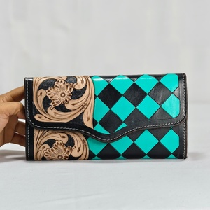 New Stylish Tooled Genuine Leather Floral <b>Checkered</b> Pattern Designed Leather Women Clutch <b>Top</b> Sale Personalized Wallet - Product Image 1