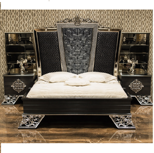 Muebles de Dormitorio de Diseño Neoclásico, Cama Tallada a Mano con Aspecto Metálico Elegante y Mesitas de Noche, Estilo Clásico Italiano Tallado en EE. UU. - Product Image 1