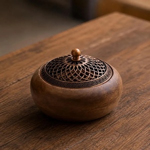 Carved Timber Smudge <b>Bowl</b> Sandalwood Incense Burner With Bronze Lattice Lid <b>Chinese</b> Aromatic Censer For Indoor Use All-Season - Product Image 1