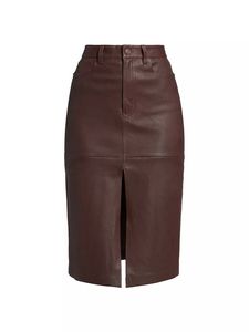 Jupe crayon vintage en cuir véritable et satin, taille naturelle, respirante, avec fente avant, ceinture et boutons, mini, couleur unie, design plissé pour femme - Product Image 5