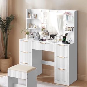 White Particleboard Dressing Table Set with Melamine Finish 7 Drawers 4 Shelves 10 Three-Tone Light Bulbs Makeup Vanities - Product Image 5