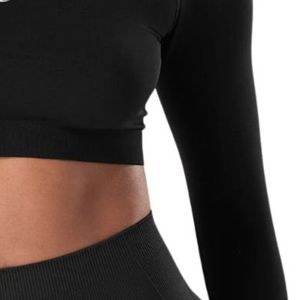 Black <b>Women's</b> Seamless Long Sleeve Crop <b>Top</b> <b>Compression</b> Gym Shirt Fitness Yoga Workout Activewear Stretch Athletic Training - Product Image 6