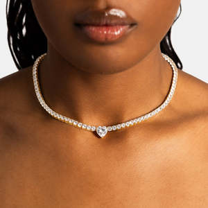 VVS1 Moissanite Heart Tennis Necklace 925 Sterling <b>Silver</b> Gold Plated Heart Pendant Tennis <b>Choker</b> - Product Image 1