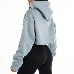 Sweat-shirts à capuche courts pour femmes, tendance, en coton, couleur unie au dos, confortables - Product Image 3